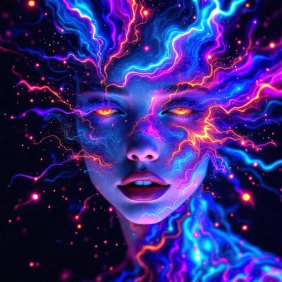 The primary subject of the image is a woman with a purple and blue face, which appears to be a digital art or illustration. The setting is a dark background, and the visual style is a combination of digital art and illustration. The colors and mood of the image are predominantly purple and blue, creating a unique and artistic atmosphere.
